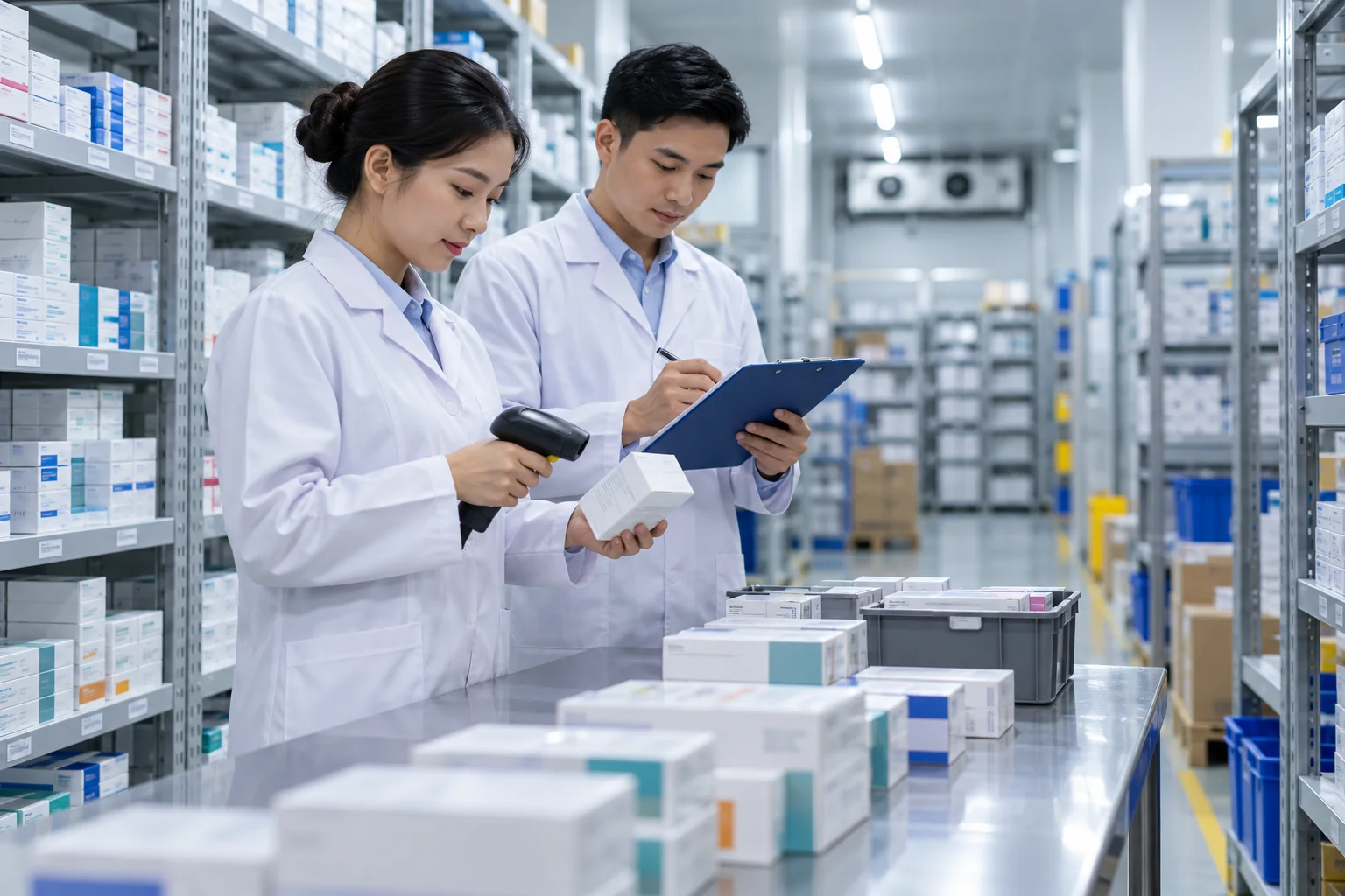 Minh họa nhân sự kiểm tra hàng hóa trong khu vực phân phối dược